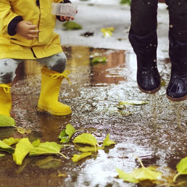 Kids in yellow rain boots jumping in puddles